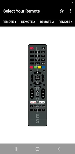 ACT Remote Control app showing Remote 1 interface with numeric keypad, colored buttons, navigation controls, and multimedia functions for controlling ACT Set-Top Box