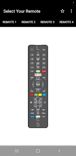 ACT Remote Control app displaying Remote 2 configuration with full button layout including number pad, streaming app shortcuts, and control buttons for STB management