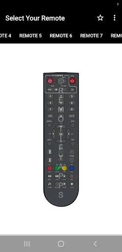 ACT Remote Control app displaying Remote 6 advanced configuration with extensive button grid, multiple control rows, and comprehensive STB function access