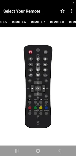 ACT Remote Control app showing Remote 7 compact design with essential controls, numeric pad, navigation buttons, and basic STB command functions