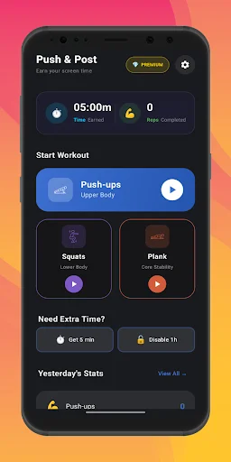 Push Up Time workout dashboard with timer, push-ups selection, squats, plank options, and previous workout stats display