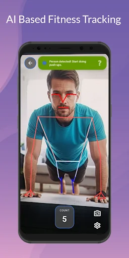 AI fitness tracking detecting push-up form with live camera, skeletal overlay analysis, and rep counter showing 5 reps
