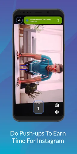 AI pose detection unlocking Instagram by doing push-ups with camera form analysis and rep counter showing progress