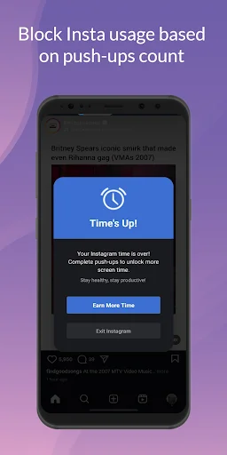 Instagram app blocked with time limit warning prompting push-ups to unlock more app access time