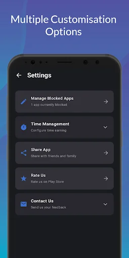 Settings menu with options to manage blocked apps, time limits, sharing, ratings, and contact preferences