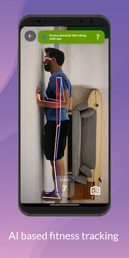 AI fitness tracking with full-body pose detection during push-ups showing skeletal form overlay analysis