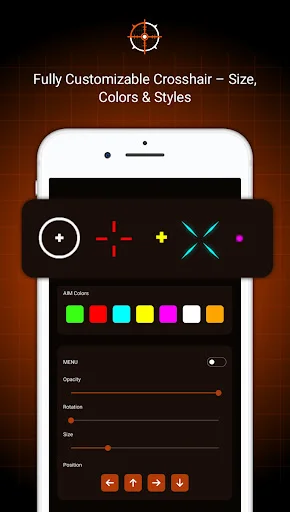 AimX crosshair customization with style options, colors, and controls for size, opacity, rotation, and position adjustments