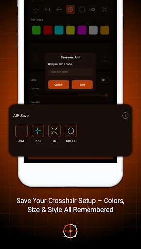 AimX save crosshair setup dialog with options to save custom aim configurations with colors, size, and style settings