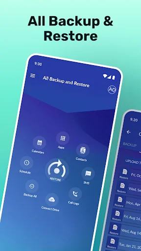 SMS Backup & Restore app home screen showing backup options for calendar, apps, contacts, SMS, and calls