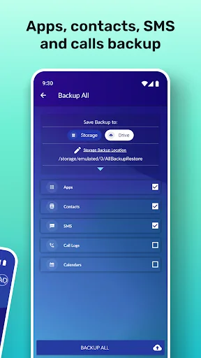 Backup selection screen showing apps, contacts, SMS, and call logs ready for backup in SMS Backup & Restore