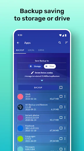 Storage selection interface showing app backup files saved to local storage or Google Drive with file sizes