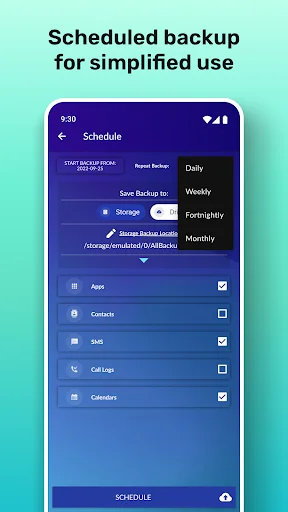 Scheduled backup settings with daily, weekly, fortnightly, and monthly options for automated data protection