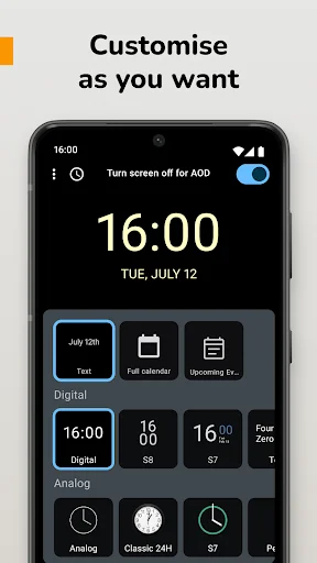 Always On AMOLED customization screen with multiple clock style options including digital and analog widgets