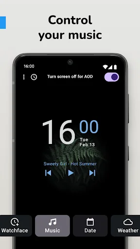 Always On AMOLED music control interface showing time, song title, and playback controls on lock screen