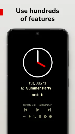 Always On AMOLED display showing clock widget with calendar event, battery status, and music controls