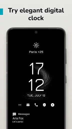 Always On AMOLED elegant digital clock display showing time, weather for Paris, and message notification