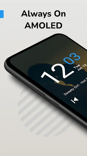 Always On AMOLED app showing smartphone with always-on display featuring time and date on lock screen