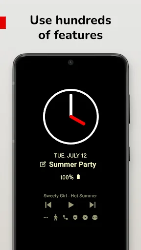 Always On AMOLED display showing clock widget with calendar event, battery status, and music controls