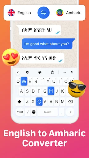 English to Amharic converter with language toggle and key mapping between English and Amharic characters