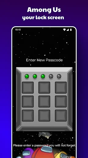 AmongLock reactor-style passcode entry screen with 3x3 grid and green indicator lights on Among Us lock screen app