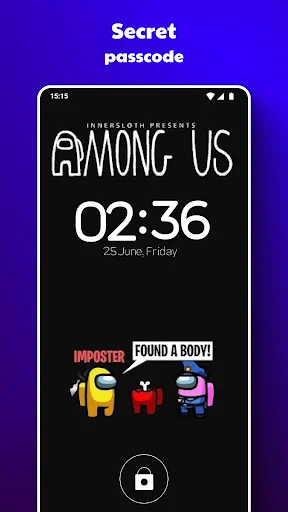 Among Us lock screen showing time 02:36 with IMPOSTER warning and colorful character illustrations with lock icon