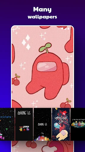 AmongLock wallpaper gallery displaying pink Among Us character design with cherry pattern and thumbnail previews