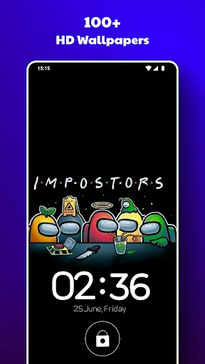 Among Us lock screen with IMPOSTORS theme showing character lineup, time display and date on personalized wallpaper
