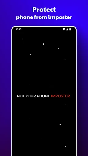 Security lock screen with NOT YOUR PHONE IMPOSTER warning message on starry black background for phone protection
