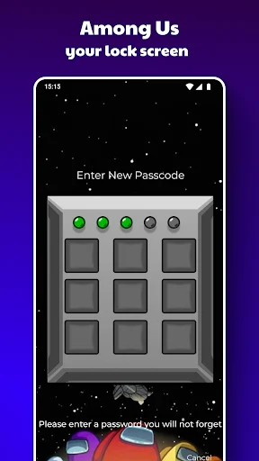 Among Us themed lock screen passcode setup with reactor-style 3x3 button grid and character illustrations below