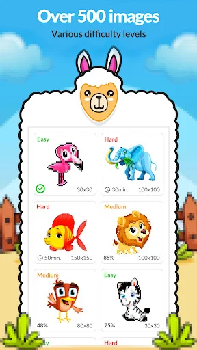 Animal Color by Number menu with 500+ images in Easy to Hard difficulty levels featuring pixel art animals to color
