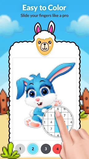 Blue bunny pixel art color by number with finger swiping gesture and colored number grid for easy interactive coloring