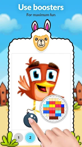 Bird pixel art coloring with color wheel booster palette and finger gesture for enhanced coloring customization