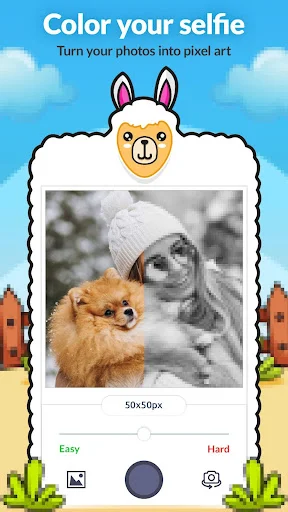 Convert selfies to pixel art color by number puzzles with resolution controls and Easy or Hard difficulty options
