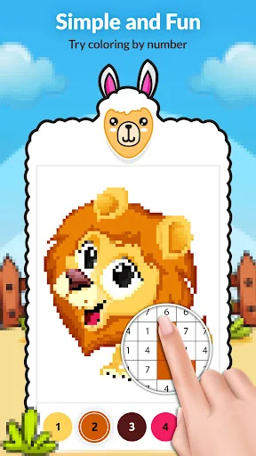 Yellow lion head color by number with interactive number grid and numbered color buttons for coloring