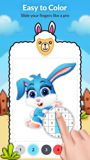 Blue bunny color by number game with gesture-based coloring slide control and numbered color selections