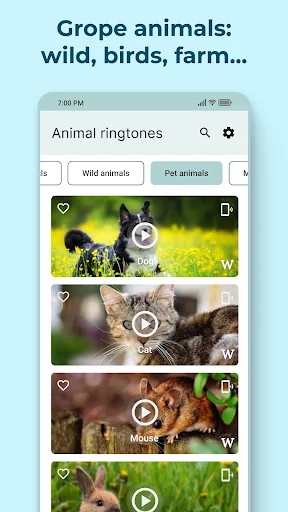 Animal Sounds and Ringtones app showing wild animals category with dog, cat, mouse sound options and play buttons