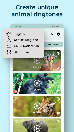 Animal Sounds app menu showing ringtone, contact, SMS notification, alarm tone settings for custom animal sounds