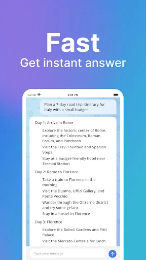 Ask AI ChatBot fast response feature showing detailed Italy travel itinerary with daily recommendations and tourist activities