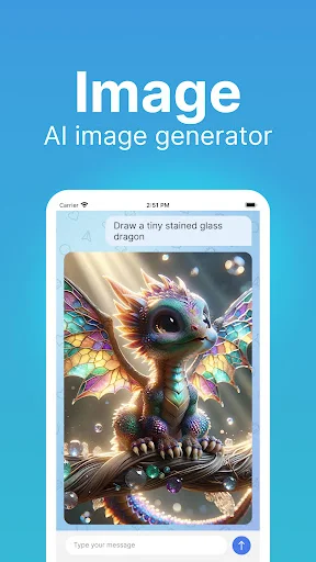 Ask AI ChatBot image generator creating colorful stained glass dragon artwork from user text prompt input and description