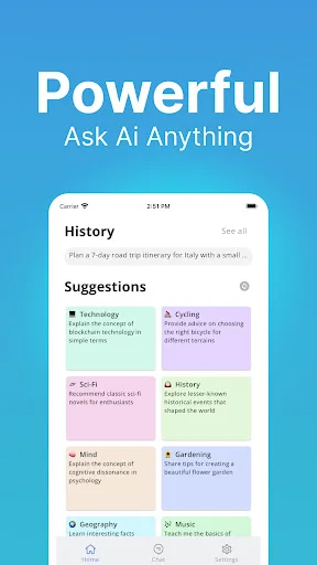 Ask AI ChatBot home screen displaying chat history and AI suggestions including Technology, Science, History, and Gardening topics
