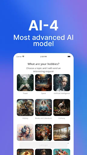 AI-4 most advanced chatbot hobby selection interface displaying nature, sports, art, and creative interests as visual tiles