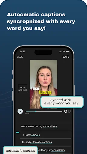 AutoCap app showing automatic caption feature synced with speech during video recording on smartphone