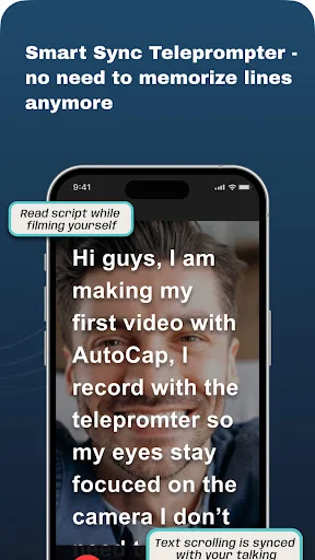 Smart Sync Teleprompter feature in AutoCap displaying scrolling script text while filming video content