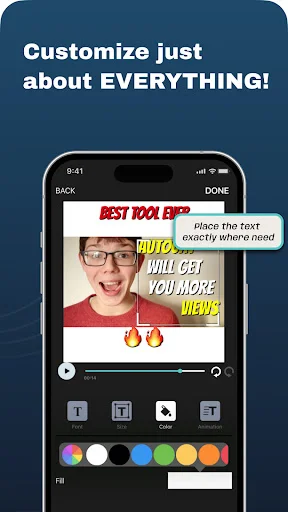 AutoCap video editor customization interface with text placement and color palette options for captions