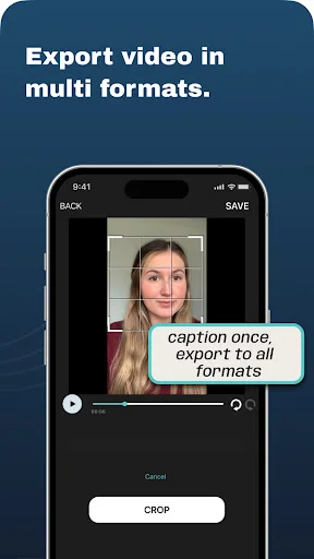 Export video feature in AutoCap app showing multi-format export options after adding captions