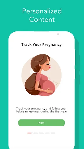 Pregnancy tracker app onboarding screen with illustration of pregnant woman for personalized content