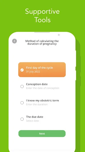 Pregnancy duration calculator with options for cycle start date, conception date, and due date entry
