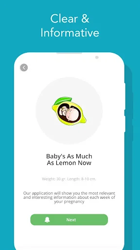 Baby size comparison screen showing fetus as lemon-sized with weight and length measurements at current week