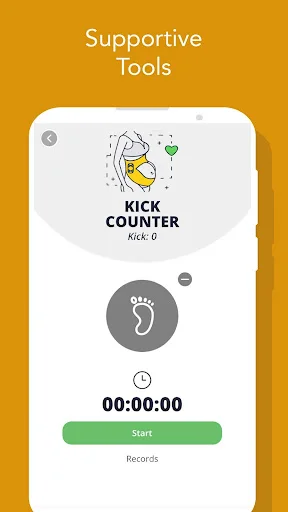Kick counter timer interface with baby footprint icon and start button to track fetal movements
