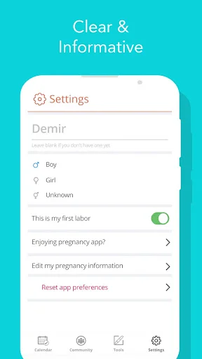 Pregnancy app settings page with baby name entry, gender selection, and labor information options